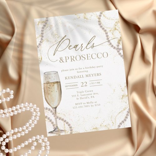 Elegant Luxury Pearls and Prosecco Birthday Invitation