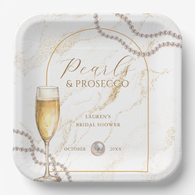 Elegant Luxury Pearls and Prosecco Bridal Shower Paper Plates (Front)