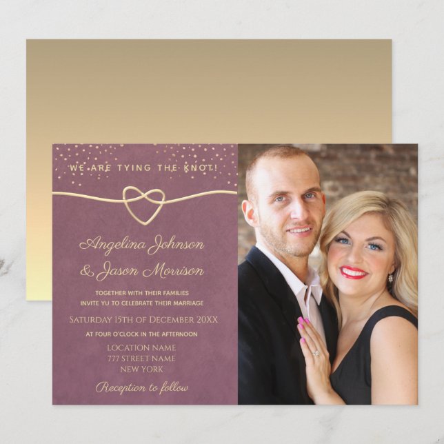 Elegant Luxury Purple Gold Confetti Wedding Photo Invitation (Front/Back)