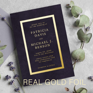Elegant luxury purple gold foil typography wedding invitation