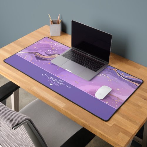 Elegant Luxury Purple Gold Monogram Geode Marble Desk Mat