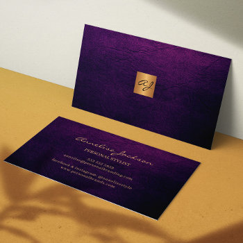 Elegant Luxury Purple Leather Copper Gold Monogram Business Card by uniqueoffice at Zazzle