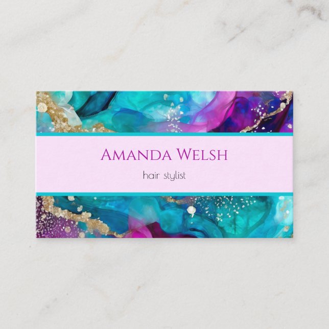 Elegant luxury purple pink teal gold glitter style business card (Front)