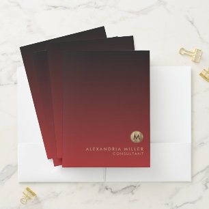 Elegant Luxury Red Brushed Gold Monogram Pocket Folder