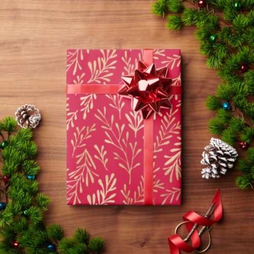 Elegant Luxury Red Gold Leaf Pattern Christmas Wrapping Paper