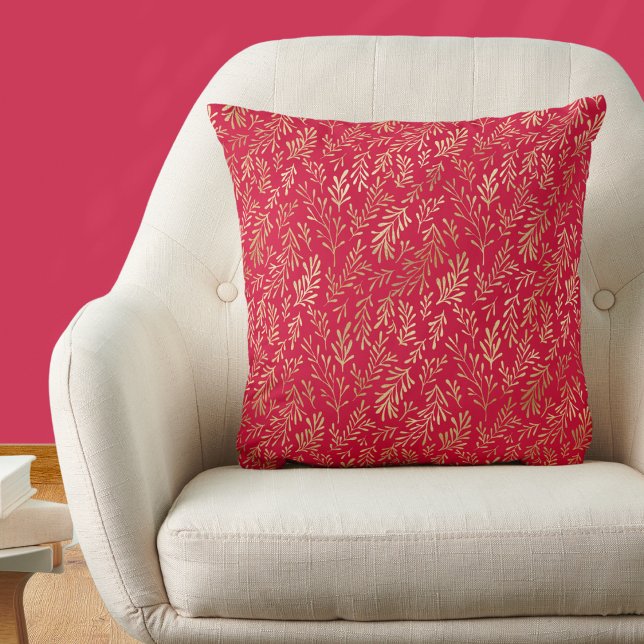 Elegant Luxury Red Gold Leaf Pattern Festive Throw Pillow (Creator Uploaded)