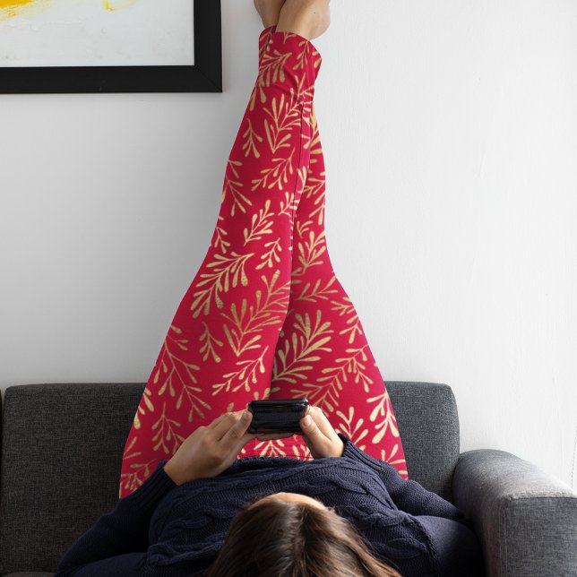Elegant Luxury Red Gold Leaf Pattern Leggings (Creator Uploaded)