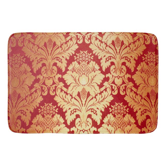 Elegant Luxury Retro Red Gold Damask Pattern Bathroom Mat (Front)