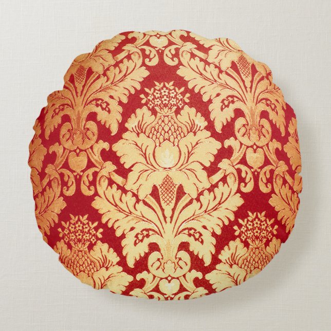 Elegant Luxury Retro Red Gold Damask Pattern Round Pillow (Front)