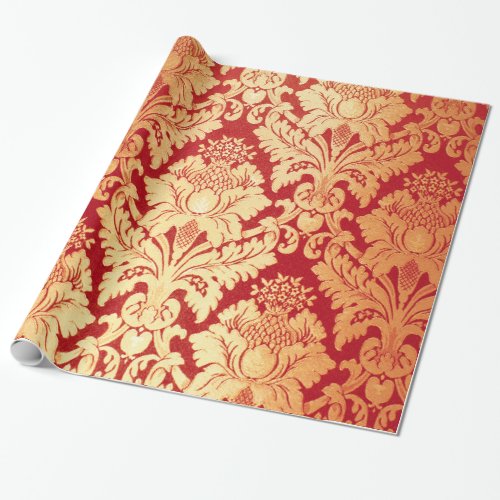 Elegant Luxury Retro Red Gold Damask Pattern Wrapping Paper