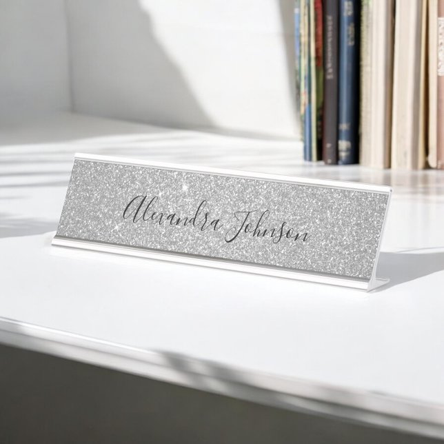 Elegant Luxury Silver Glitter Sparkle Modern Desk Name Plate (Creator Uploaded)