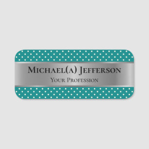 Elegant Luxury Silver & Green-Blue Teal Polka Dots Name Tag
