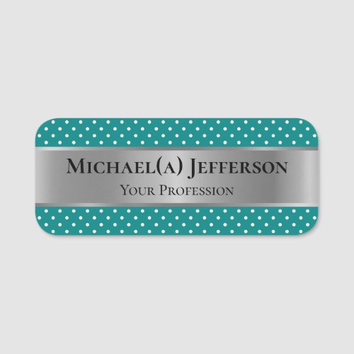 Elegant Luxury Silver  Green_Blue Teal Polka Dots Name Tag