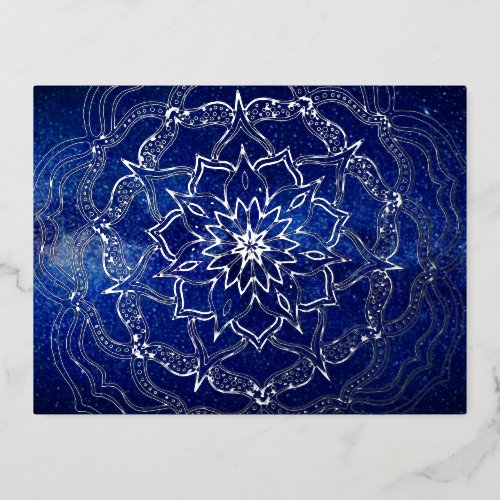 Elegant Luxury Silver Navy Blue Mandala Reiki Yoga Foil Holiday Postcard