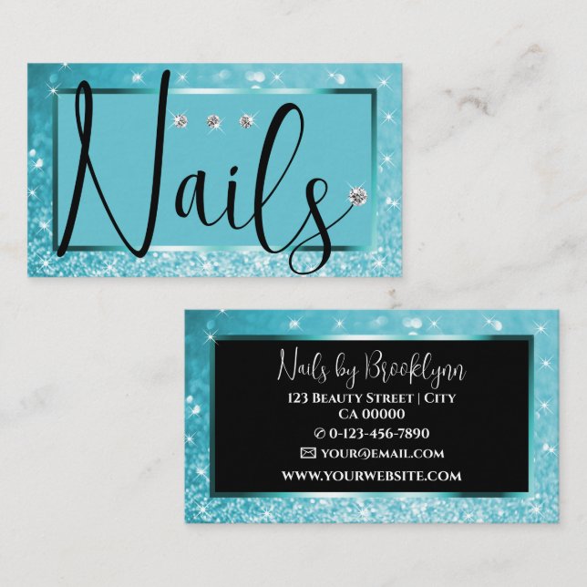 Elegant Luxury Teal Glitter Rhinestone Diamond Business Card (Front/Back)