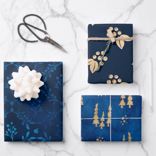 Elegant Luxury Vintage Blue Gold Leaves Berries Wrapping Paper Sheets