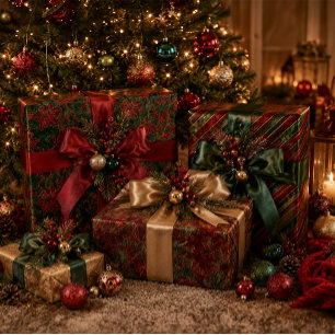 Elegant Luxury Vintage Red Green Christmas Velvet Wrapping Paper Sheets