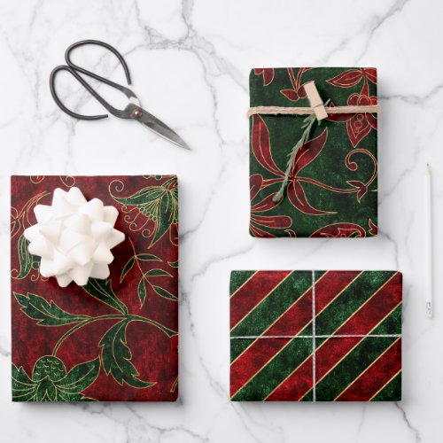 Elegant Luxury Vintage Red Green Christmas Velvet  Wrapping Paper Sheets