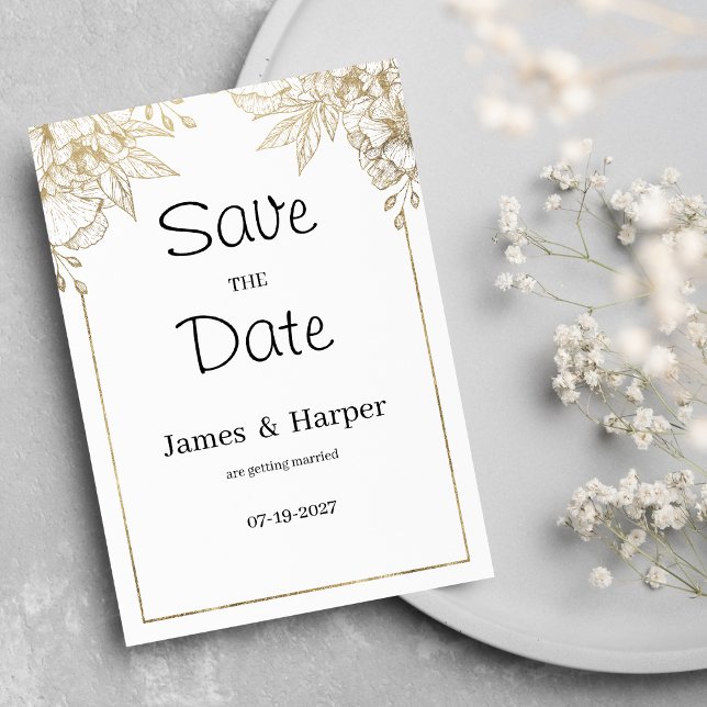 Elegant luxury white and gold floral Save the Date Invitation (Elegant luxury white and gold floral Save the Date)