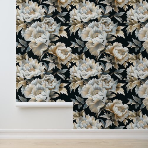 Elegant Luxury White Gold Peony Floral Pattern Wallpaper