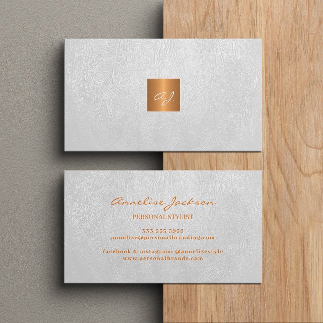 Elegant luxury white leather copper gold monogram business card (Creator Uploaded)