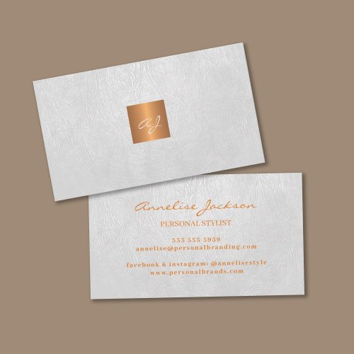 Elegant luxury white leather copper gold monogram business card