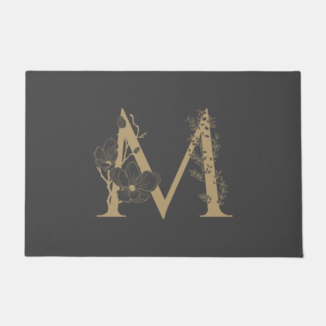 Elegant M Boho Floral Monogram Initial Gray Gold Doormat (Front)