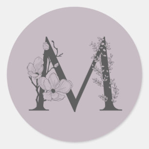 Elegant M Boho Floral Monogram Initial Lilac Gray  Classic Round Sticker