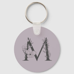 Elegant M Boho Floral Monogram Initial Lilac Gray Keychain