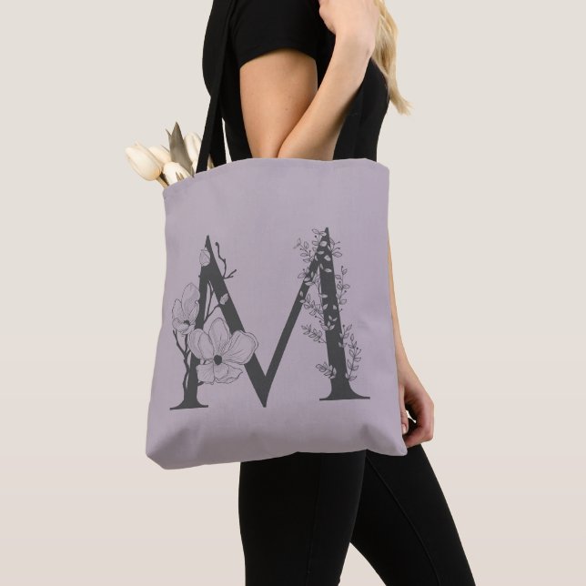 Elegant M Boho Floral Monogram Initial Lilac Gray Tote Bag (Close Up)