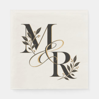 Elegant M & R Wedding Monogram Black Gold Floral Napkins