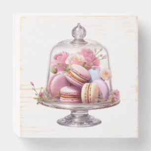 Elegant Macaron Dessert Under Glass Cloche  Wooden Box Sign