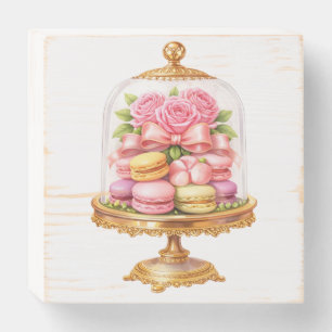 Elegant Macaron & Rose Cloche Art – Pink Parisian  Wooden Box Sign