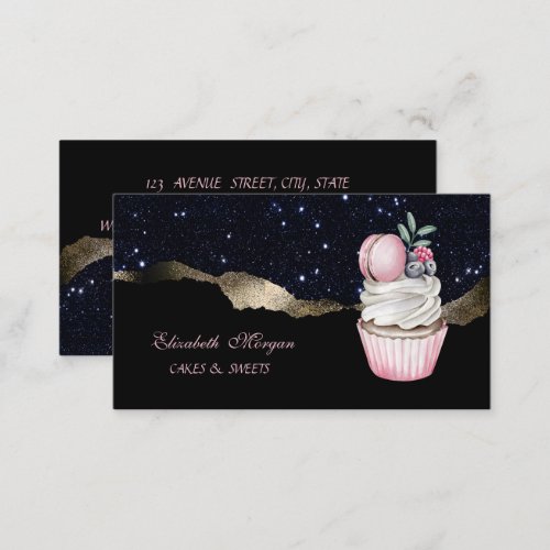  Elegant Macaroon Cupcake BakeryBlack Glitter Business Card