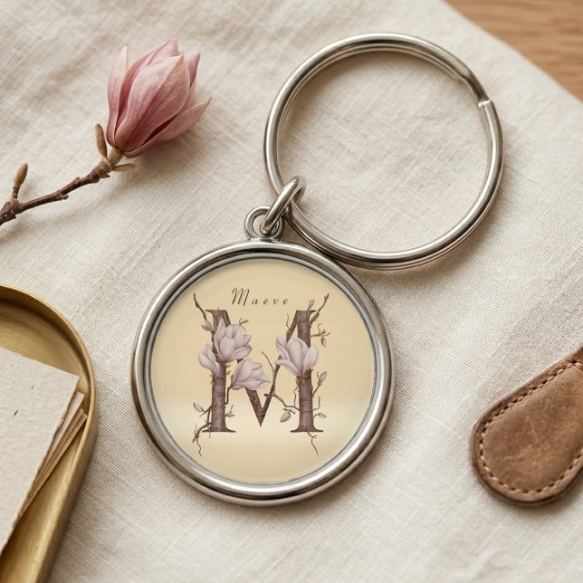 Elegant Maeve M Initial Magnolia Floral Design Keychain (Creator Uploaded)