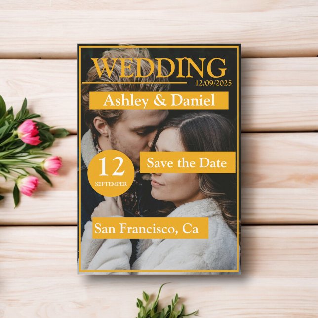 Elegant Magazine Cover Yellow Modern Photo Wedding Save The Date (Creator Uploaded)
