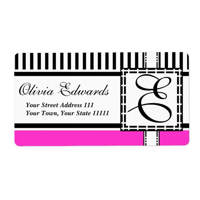 Elegant Magenta and Black Stripes Monogram E Label (Front)