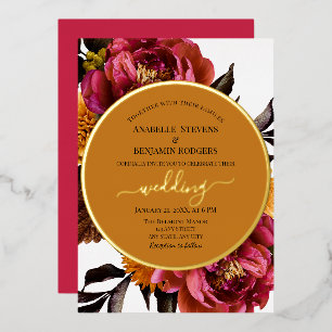 Elegant Magenta and Gold Peonies Floral Wedding Foil Invitation