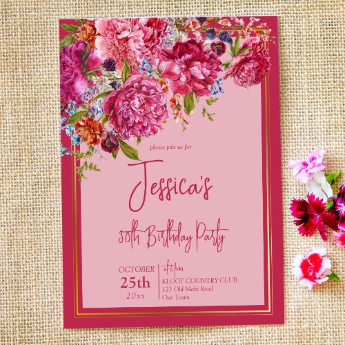 Elegant magenta burgundy peonies birthday invitation