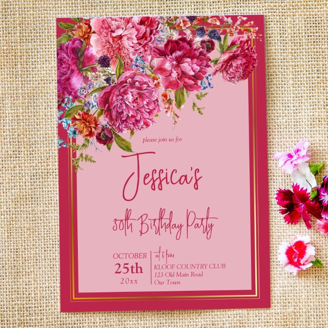Elegant magenta burgundy peonies birthday invitation (Creator Uploaded)