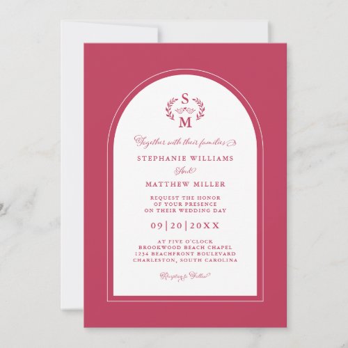 Elegant Magenta Calligraphy Crest Arch Wedding     Invitation