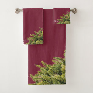 Elegant magenta Christmas Pine Bath Towel Set