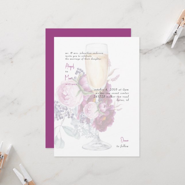 Elegant Magenta Floral Champagne Wedding Invitation (Front/Back In Situ)