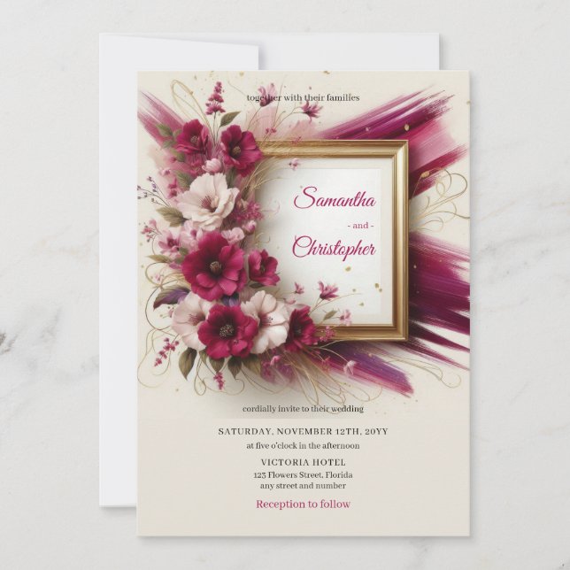 Elegant magenta flowers and gold frame wedding invitation (Front)