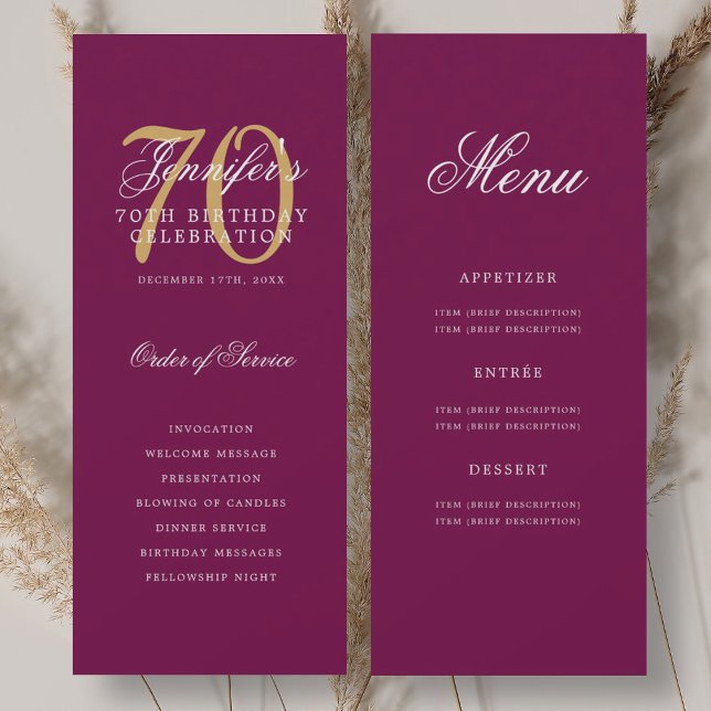 Elegant Magenta Gold 70th Birthday Program w/ Menu (Elegant Magenta Gold 70th Birthday Program w/ Menu)