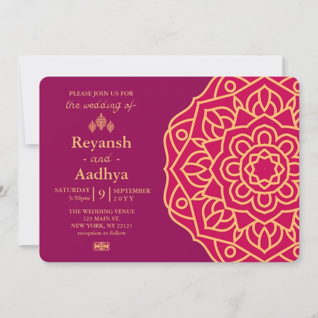 Elegant Magenta Gold Hindu Mandala Indian Wedding Invitation (Front)