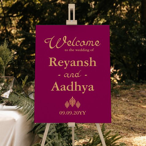 Elegant Magenta Gold Indian Wedding Welcome SIgn