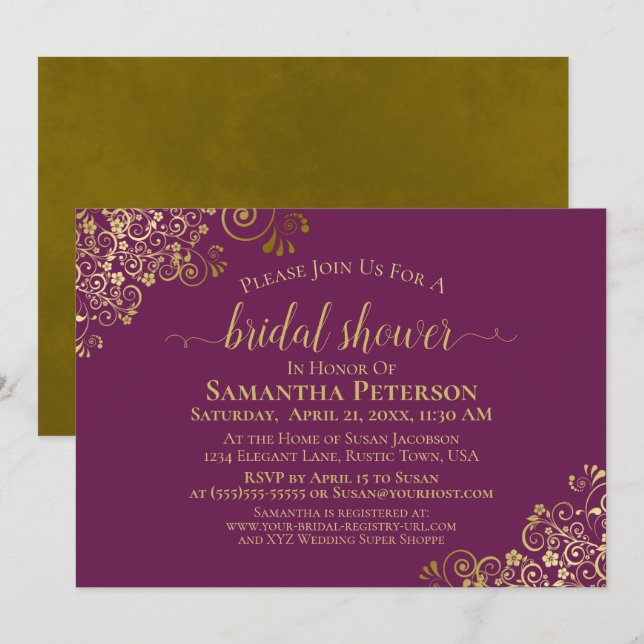Elegant Magenta & Gold Lace Frills Bridal Shower Invitation (Front/Back)