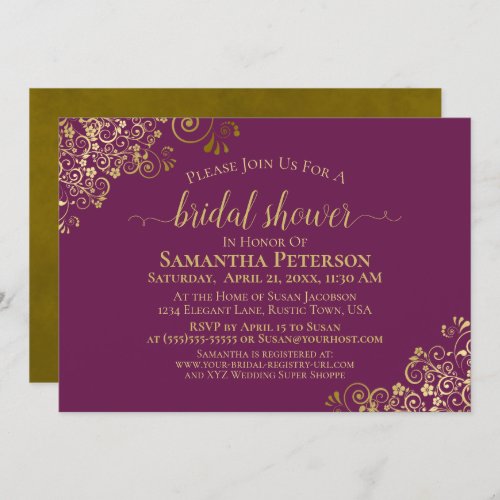 Elegant Magenta  Gold Lace Frills Bridal Shower Invitation