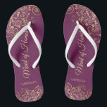 Elegant Magenta & Gold Lacy Maid of Honor Wedding Flip Flops<br><div class="desc">These beautiful wedding flip flops are a great way to thank and recognize your Maid of Honor while saving her feet at the same time. Features an elegant design with lacy golden frills on a cassis purple, magenta, or berry colored background and fancy gold colored script lettering. The test reads...</div>